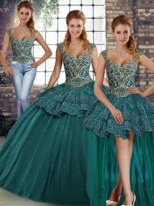 Elegant Green Lace Up Straps Beading and Appliques Quinceanera Dress Tulle Sleeveless
