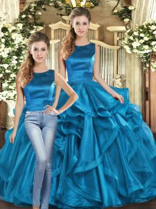 Scoop Sleeveless 15 Quinceanera Dress Floor Length Ruffles Teal Organza