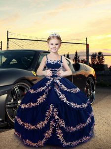 Customized Sleeveless Floor Length Embroidery Lace Up Custom Made Pageant Dress with Navy Blue