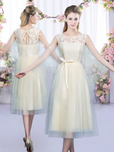Tea Length Champagne Quinceanera Court Dresses Scoop Sleeveless Lace Up