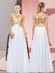Sleeveless Chiffon Floor Length Zipper Quinceanera Dama Dress in White with Beading and Appliques