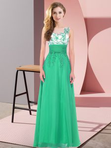 Turquoise Empire Scoop Sleeveless Chiffon Floor Length Backless Appliques Quinceanera Court of Honor Dress