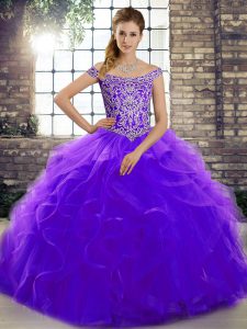 Eye-catching Off The Shoulder Sleeveless Tulle 15th Birthday Dress Beading and Ruffles Brush Train Lace Up