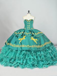 Eye-catching Turquoise Ball Gowns Sweetheart Sleeveless Satin and Organza Brush Train Lace Up Embroidery and Ruffled Layers Ball Gown Prom Dress