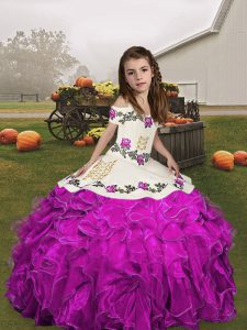 Embroidery and Ruffles Pageant Dress for Girls Fuchsia Lace Up Sleeveless Floor Length