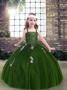 Beautiful Sleeveless Floor Length Appliques Lace Up Little Girl Pageant Gowns with Green
