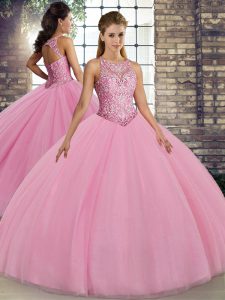 Floor Length Pink Sweet 16 Dress Scoop Sleeveless Lace Up