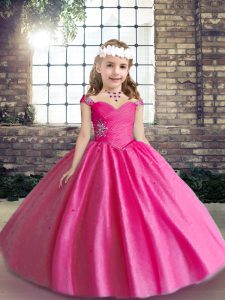 Perfect Sleeveless Floor Length Beading Lace Up Pageant Dress Toddler with Hot Pink