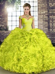 Cute Organza Off The Shoulder Sleeveless Lace Up Beading and Ruffles 15 Quinceanera Dress in Yellow Green