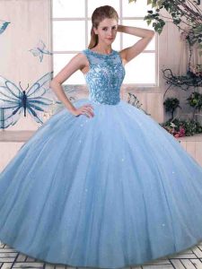 Floor Length Blue Quinceanera Gown Scoop Sleeveless Lace Up