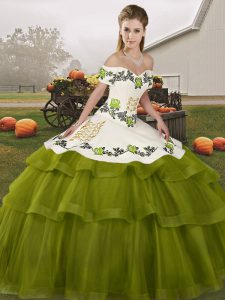 Olive Green Tulle Lace Up Off The Shoulder Sleeveless Sweet 16 Dresses Brush Train Embroidery and Ruffled Layers