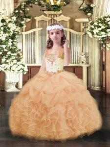 Peach Organza Lace Up Kids Formal Wear Sleeveless Floor Length Beading and Ruffles and Pick Ups