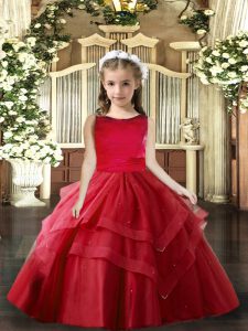 New Arrival Sleeveless Floor Length Ruffled Layers Lace Up Custom Made Pageant Dress with Red