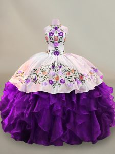 Traditional White And Purple Lace Up Quinceanera Gowns Embroidery Sleeveless Floor Length