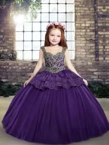 Purple Sleeveless Floor Length Beading and Appliques Lace Up Child Pageant Dress