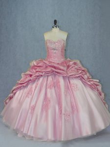 Pink Sweetheart Lace Up Beading and Appliques and Pick Ups Sweet 16 Quinceanera Dress Brush Train Sleeveless