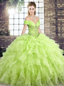 Spectacular Yellow Green Sweet 16 Dress Off The Shoulder Sleeveless Brush Train Lace Up