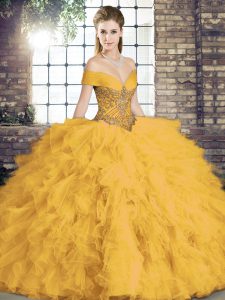 Tulle Sleeveless Floor Length Sweet 16 Dress and Beading and Ruffles