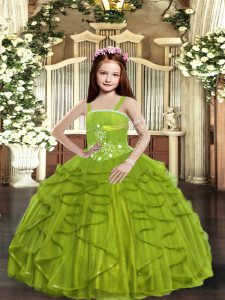 Elegant Olive Green Tulle Lace Up Kids Formal Wear Sleeveless Floor Length Beading and Ruffles