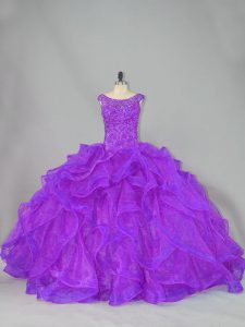 Noble Purple Quinceanera Dress Organza Brush Train Sleeveless Beading and Ruffles