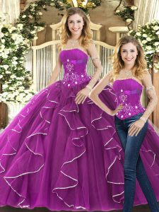 Super Purple Tulle Lace Up Strapless Sleeveless Sweet 16 Quinceanera Dress Beading and Ruffles