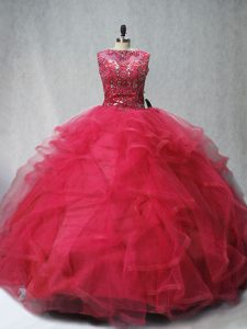 Attractive Coral Red Ball Gowns Scoop Sleeveless Tulle Brush Train Lace Up Beading and Ruffles Quinceanera Dress