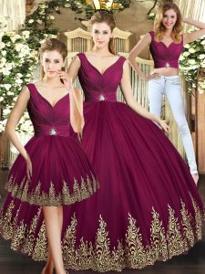 Burgundy Sleeveless Tulle Backless Quince Ball Gowns for Military Ball and Sweet 16 and Quinceanera