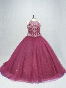 Colorful Burgundy Ball Gowns Beading Sweet 16 Dresses Lace Up Tulle Sleeveless