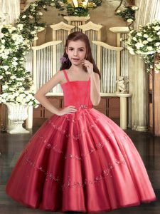 Sleeveless Tulle Floor Length Lace Up Little Girls Pageant Gowns in Coral Red with Beading