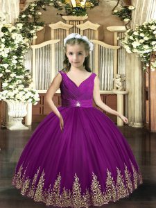 Beauteous Eggplant Purple Tulle Backless V-neck Sleeveless Floor Length Little Girls Pageant Dress Embroidery