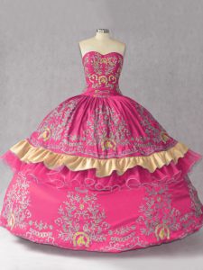 Comfortable Hot Pink Ball Gowns Sweetheart Sleeveless Satin and Organza Lace Up Embroidery Quince Ball Gowns