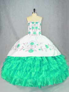 Inexpensive Turquoise Organza Lace Up Sweetheart Sleeveless Floor Length Quinceanera Dresses Embroidery and Ruffled Layers