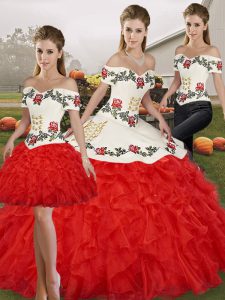 Three Pieces Sweet 16 Dresses White And Red Off The Shoulder Organza Sleeveless Floor Length Lace Up