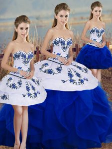 Royal Blue Sleeveless Floor Length Embroidery and Ruffles and Bowknot Lace Up Sweet 16 Dresses