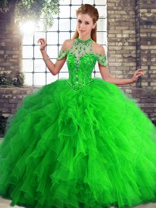 Most Popular Green Ball Gowns Beading and Ruffles Quinceanera Dresses Lace Up Tulle Sleeveless Floor Length