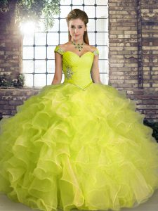 Stylish Yellow Green Sleeveless Floor Length Beading and Ruffles Lace Up Vestidos de Quinceanera