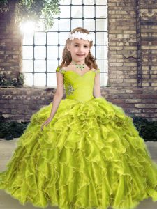 Fashion Yellow Green Sleeveless Organza Lace Up Little Girls Pageant Gowns for Prom and Military Ball