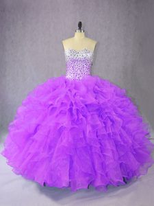 Purple Organza Lace Up Quinceanera Gowns Sleeveless Floor Length Beading and Ruffles