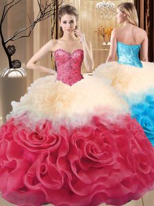 Red Lace Up Sweetheart Beading and Ruffles Quinceanera Dress Fabric With Rolling Flowers Sleeveless