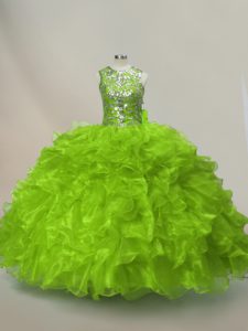 Green Lace Up Scoop Ruffles and Sequins Quinceanera Dresses Organza Sleeveless
