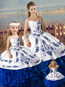 Blue And White Organza Lace Up Sweetheart Sleeveless Floor Length Quinceanera Gown Embroidery and Ruffles