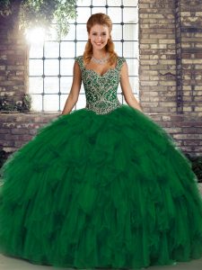 Edgy Ball Gowns Vestidos de Quinceanera Green Straps Organza Sleeveless Floor Length Lace Up