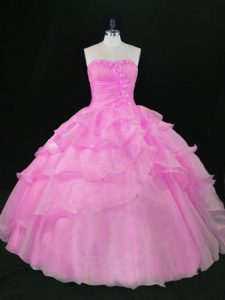 Lovely Lilac Ball Gowns Organza Sweetheart Sleeveless Hand Made Flower Floor Length Lace Up 15 Quinceanera Dress
