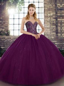 Luxurious Dark Purple Sleeveless Floor Length Beading Lace Up Quinceanera Dress