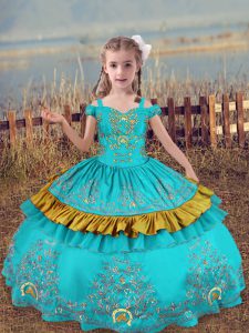 Beading and Embroidery Little Girls Pageant Gowns Aqua Blue Lace Up Sleeveless Floor Length