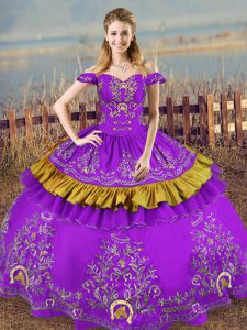 Purple Ball Gowns Embroidery 15th Birthday Dress Lace Up Satin and Organza Sleeveless Floor Length