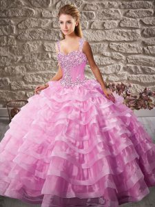 Pink Ball Gowns Beading and Ruffled Layers Quinceanera Dresses Lace Up Organza Sleeveless Floor Length