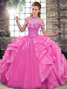 Top Selling Rose Pink Sleeveless Beading and Ruffles Floor Length 15th Birthday Dress
