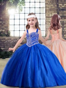 Straps Sleeveless Lace Up Little Girls Pageant Gowns Royal Blue Tulle