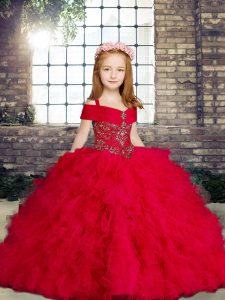 Luxurious Red Ball Gowns Straps Sleeveless Tulle Floor Length Lace Up Beading and Ruffles Little Girls Pageant Dress Wholesale